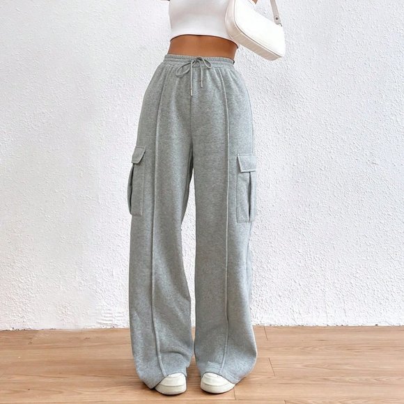 . Pants - Light Grey Casual Womens Flap Pocket Side Drawstring Waist Sweatpants
